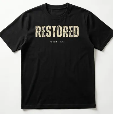 Bold distressed Christian shirt featuring the text RESTORED PSALM 51:12.