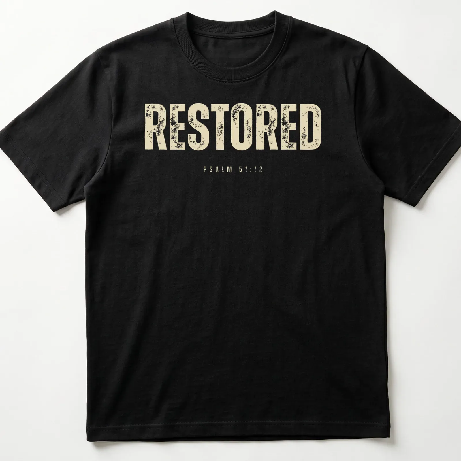 Bold distressed Christian shirt featuring the text RESTORED PSALM 51:12. — printed on a unisex t-shirt