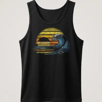 Retro distressed surfer tee featuring an ocean wave and sunset in yellow and orange — printed on a tank top