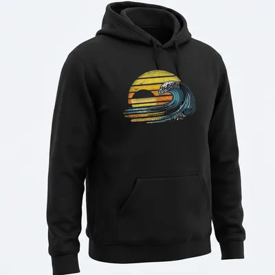 Retro distressed surfer tee featuring an ocean wave and sunset in yellow and orange — printed on a unisex hoodie