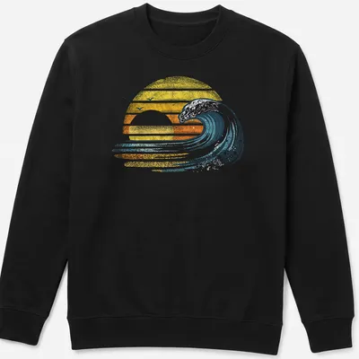 Retro distressed surfer tee featuring an ocean wave and sunset in yellow and orange — printed on a unisex sweatshirt
