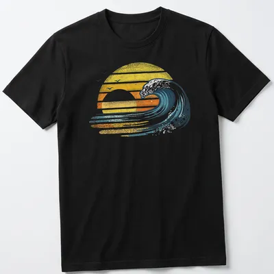 Retro distressed surfer tee featuring an ocean wave and sunset in yellow and orange
