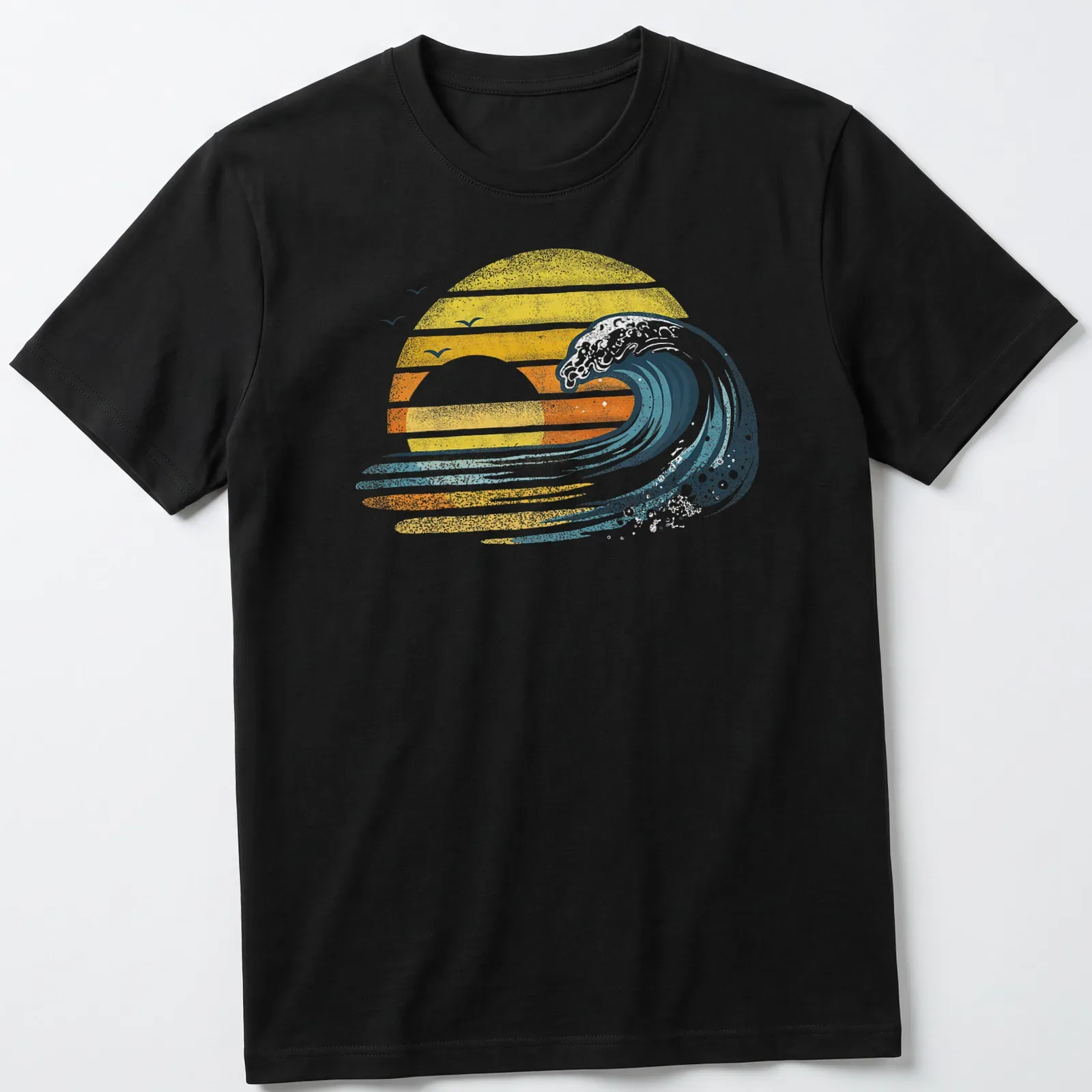 Retro distressed surfer tee featuring an ocean wave and sunset in yellow and orange — printed on a unisex t-shirt