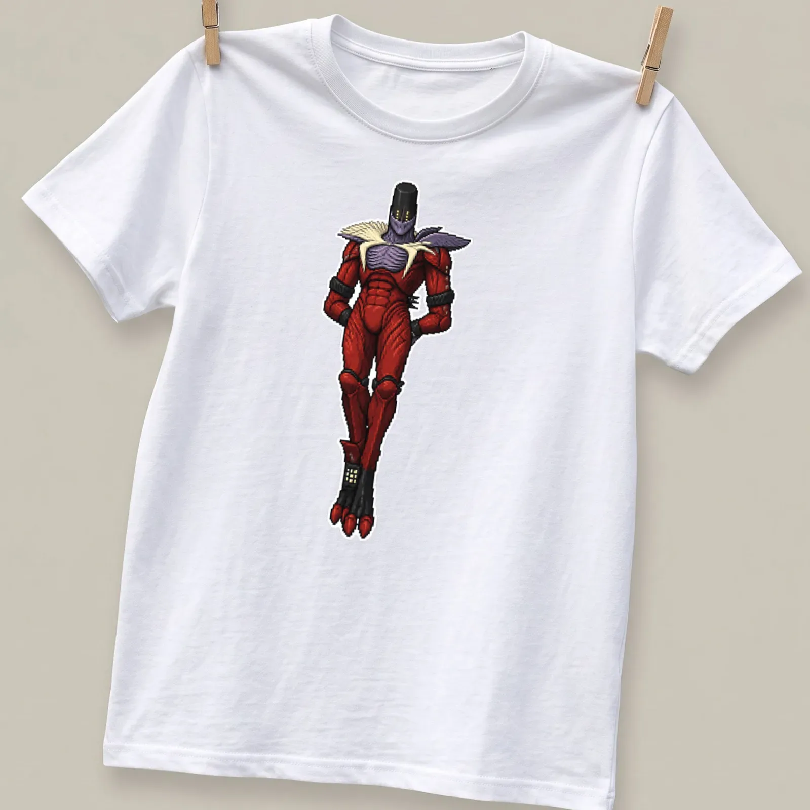 Pixel art of Rhulk from Destiny in red, black, purple, and white — printed on a unisex t-shirt