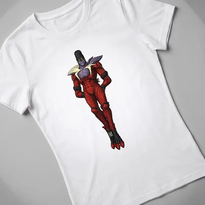 Pixel art of Rhulk from Destiny in red, black, purple, and white — printed on a women's shirt