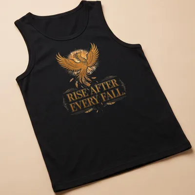 Detailed illustration of a phoenix with the text 'Rise After Every Fall' in gold and orange — printed on a tank top