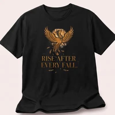 Detailed illustration of a phoenix with the text 'Rise After Every Fall' in gold and orange