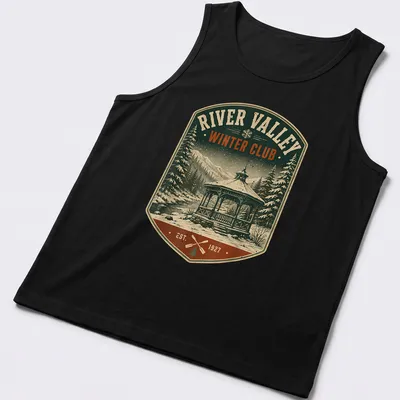 Vintage distressed shirt with gazebo in winter landscape and club establishment year — printed on a tank top