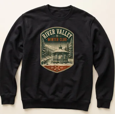 Vintage distressed shirt with gazebo in winter landscape and club establishment year — printed on a unisex sweatshirt
