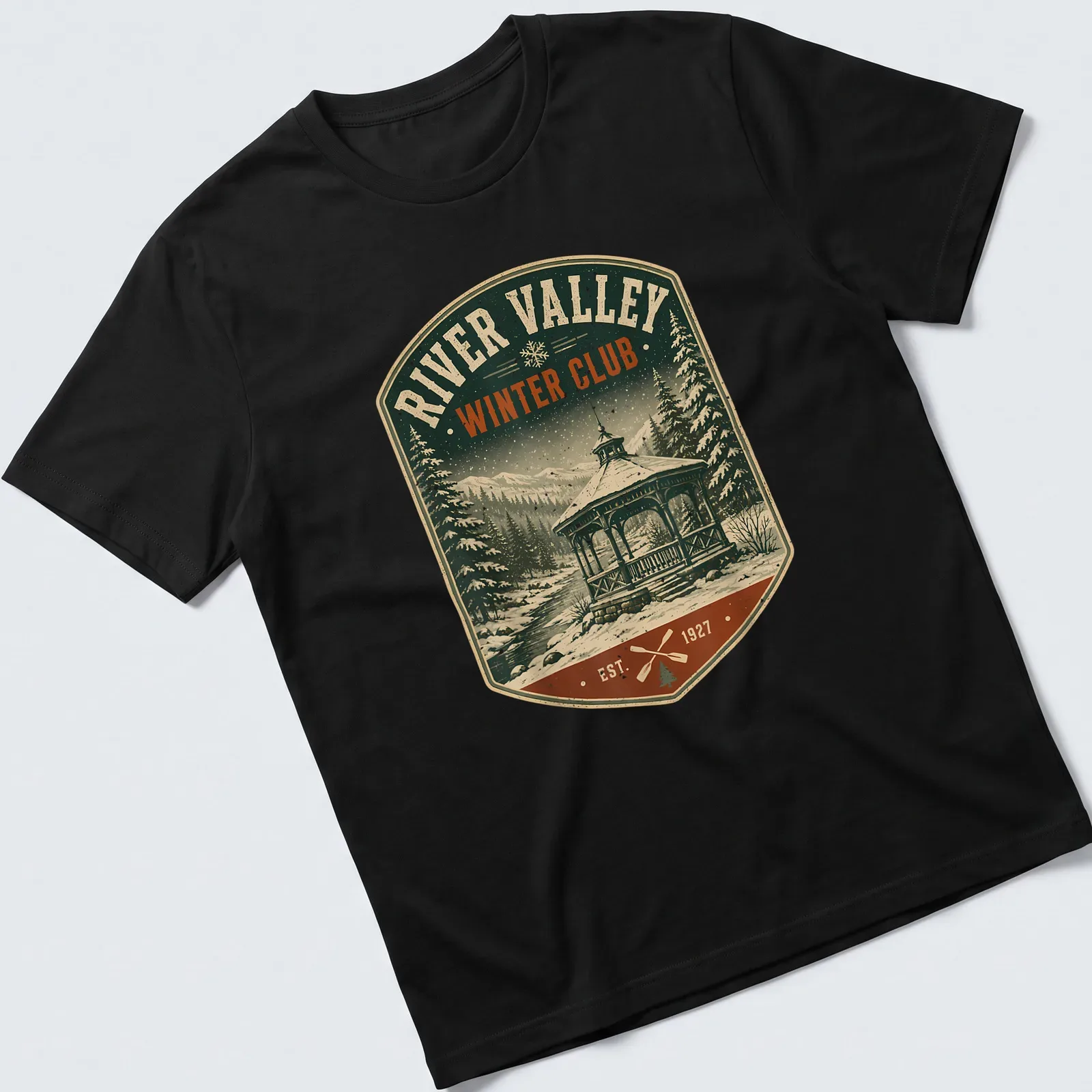 Vintage distressed shirt with gazebo in winter landscape and club establishment year — printed on a unisex t-shirt
