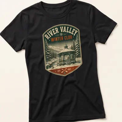 Vintage distressed shirt with gazebo in winter landscape and club establishment year — printed on a women's shirt