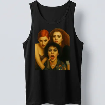Realistic portrait of three characters from Rocky Horror Picture Show in red, black, brown, and skin tones. — printed on a tank top