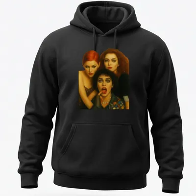 Realistic portrait of three characters from Rocky Horror Picture Show in red, black, brown, and skin tones. — printed on a unisex hoodie