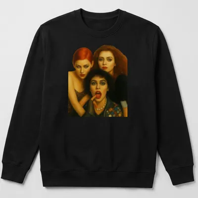 Realistic portrait of three characters from Rocky Horror Picture Show in red, black, brown, and skin tones. — printed on a unisex sweatshirt