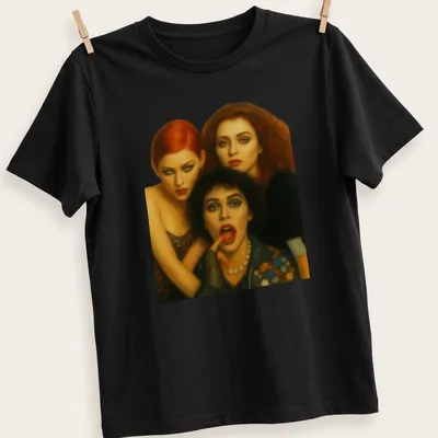 Realistic portrait of three characters from Rocky Horror Picture Show in red, black, brown, and skin tones.