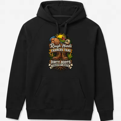 Vintage rustic design showing dirty boots and farming elements with bold text. — printed on a unisex hoodie