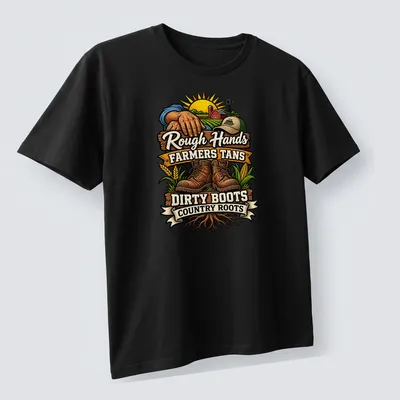 Vintage rustic design showing dirty boots and farming elements with bold text. — printed on a unisex t-shirt (angled view)