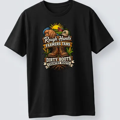 Vintage rustic design showing dirty boots and farming elements with bold text.