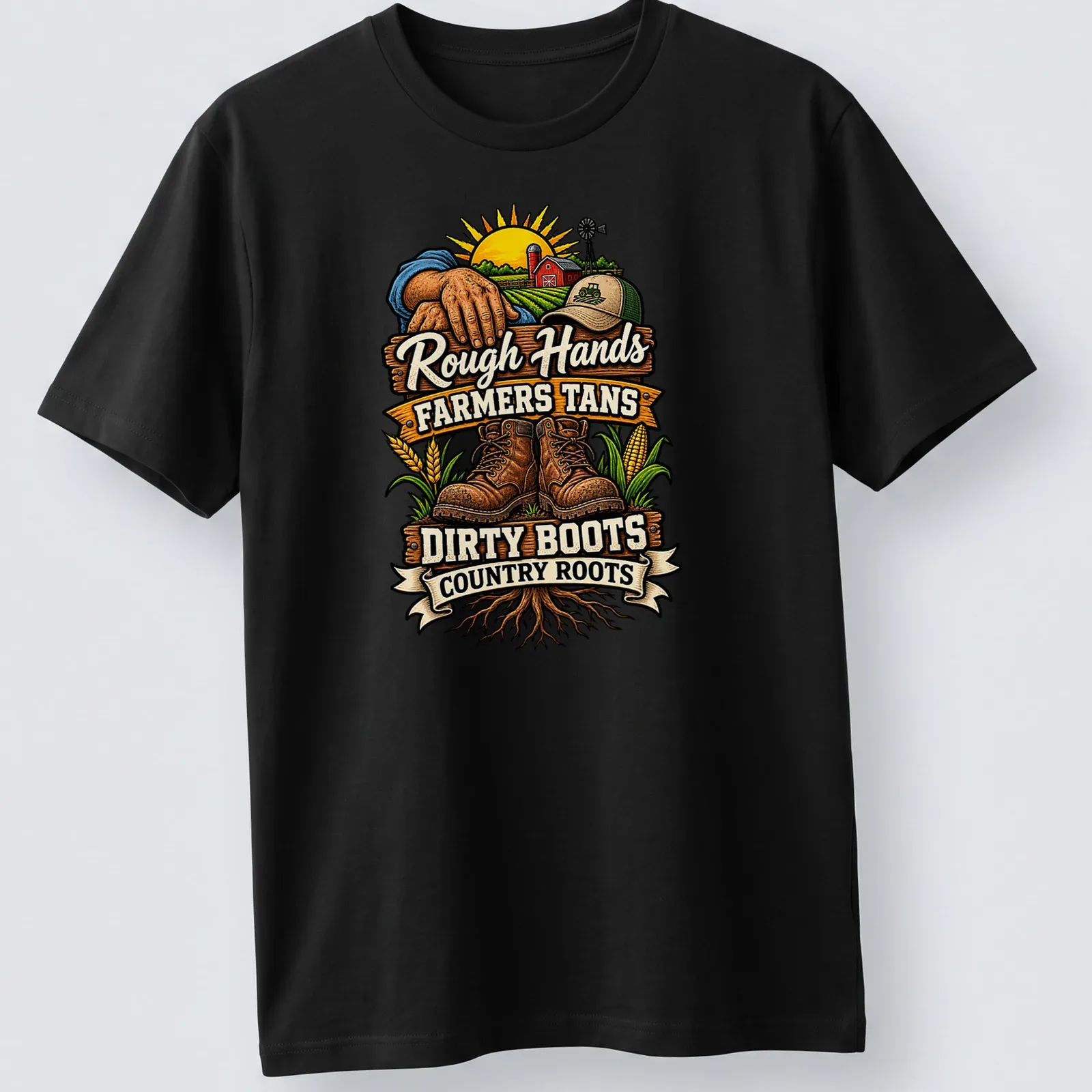 Vintage rustic design showing dirty boots and farming elements with bold text. — printed on a unisex t-shirt