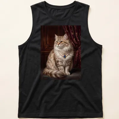 Realistic print of a royal fluffy cat wearing a pearl necklace in creams and golds — printed on a tank top
