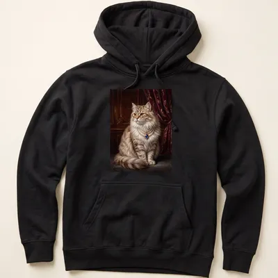 Realistic print of a royal fluffy cat wearing a pearl necklace in creams and golds — printed on a unisex hoodie