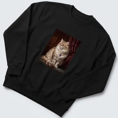 Realistic print of a royal fluffy cat wearing a pearl necklace in creams and golds — printed on a unisex sweatshirt