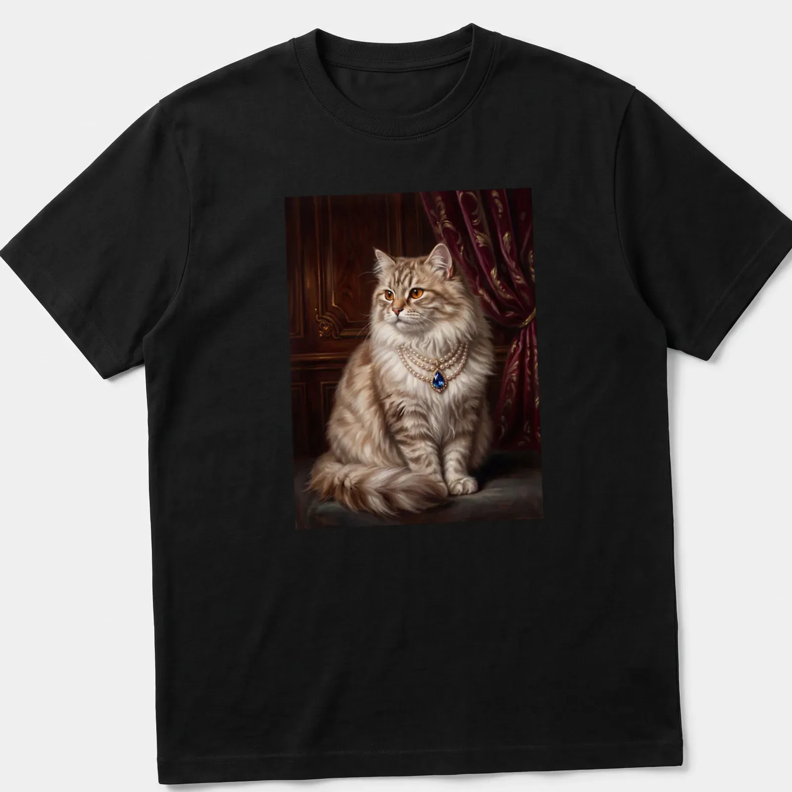 Realistic print of a royal fluffy cat wearing a pearl necklace in creams and golds — printed on a unisex t-shirt