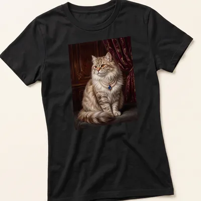Realistic print of a royal fluffy cat wearing a pearl necklace in creams and golds — printed on a women's shirt