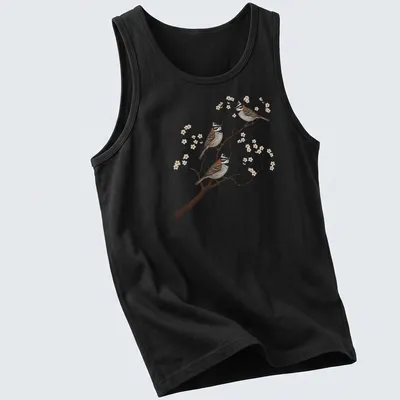 Realistic illustration of three Rufous Collared Sparrows on a branch, detailed and colorful — printed on a tank top