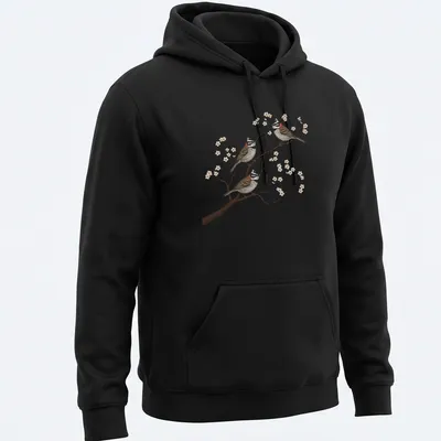 Realistic illustration of three Rufous Collared Sparrows on a branch, detailed and colorful — printed on a unisex hoodie