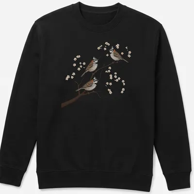 Realistic illustration of three Rufous Collared Sparrows on a branch, detailed and colorful — printed on a unisex sweatshirt