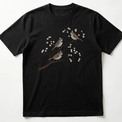 Realistic illustration of three Rufous Collared Sparrows on a branch, detailed and colorful