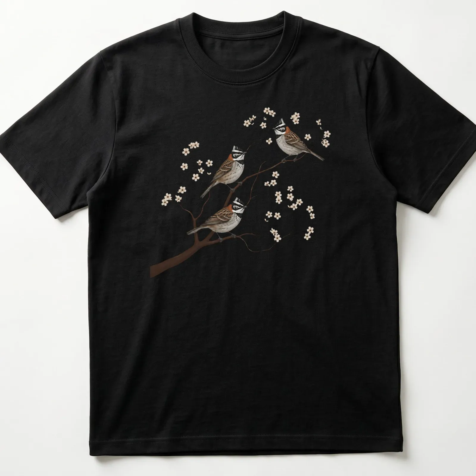 Realistic illustration of three Rufous Collared Sparrows on a branch, detailed and colorful — printed on a unisex t-shirt