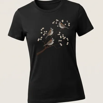Realistic illustration of three Rufous Collared Sparrows on a branch, detailed and colorful — printed on a women's shirt