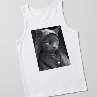 Realistic print of a Russian Blue cat with gold eyes on a gray background — printed on a tank top