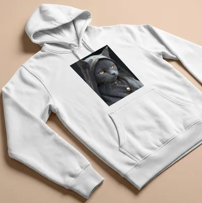 Realistic print of a Russian Blue cat with gold eyes on a gray background — printed on a unisex hoodie