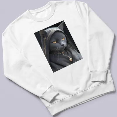 Realistic print of a Russian Blue cat with gold eyes on a gray background — printed on a unisex sweatshirt