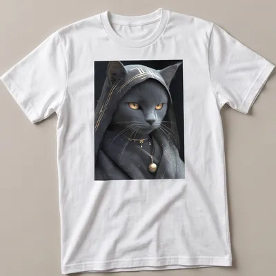 Realistic print of a Russian Blue cat with gold eyes on a gray background