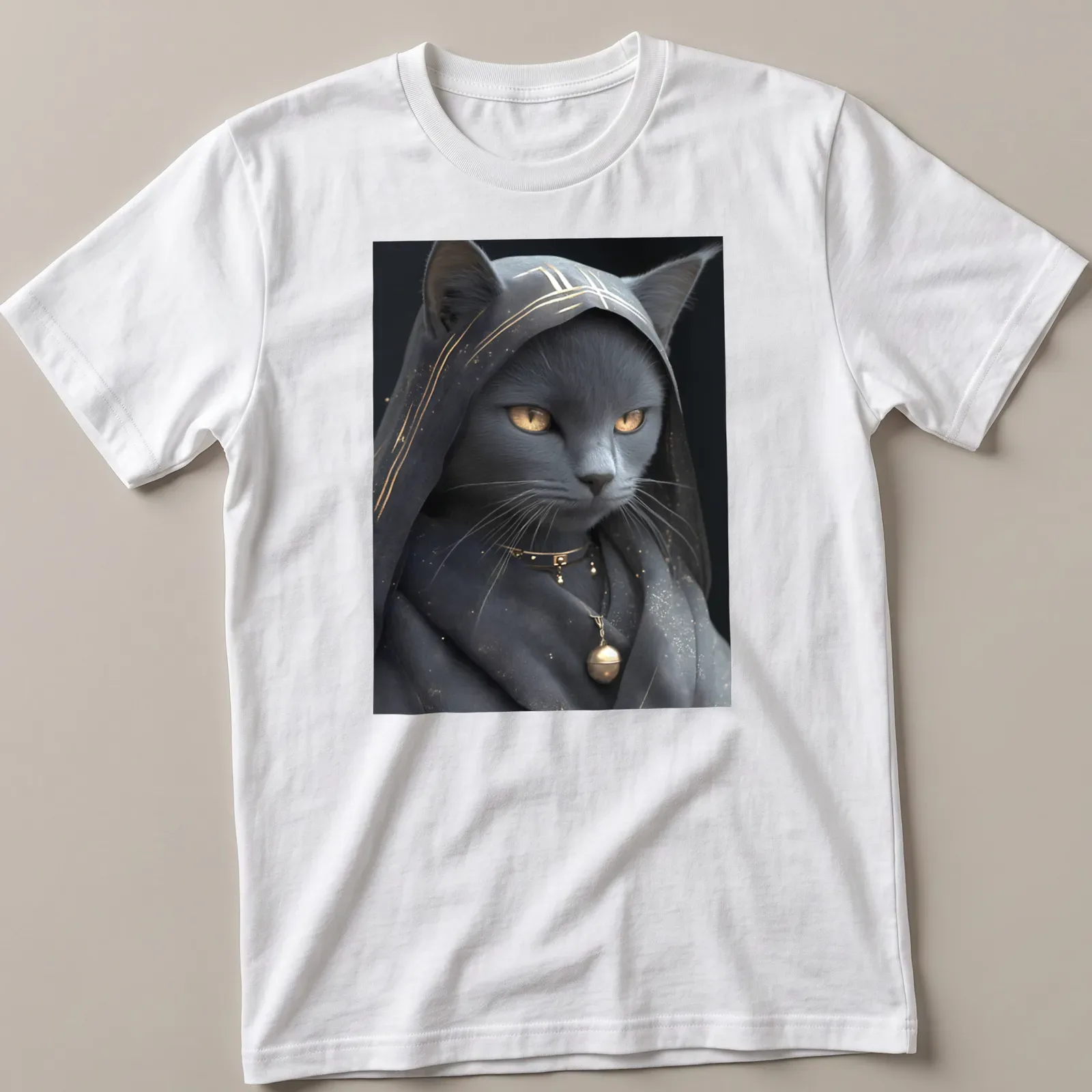 Realistic print of a Russian Blue cat with gold eyes on a gray background — printed on a unisex t-shirt