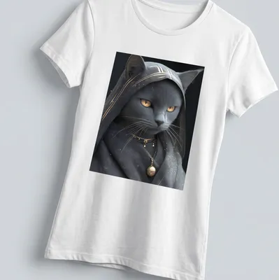 Realistic print of a Russian Blue cat with gold eyes on a gray background — printed on a women's shirt