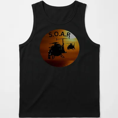 Silhouette of helicopters flying in a sunset with the text S.O.A.R. — printed on a tank top