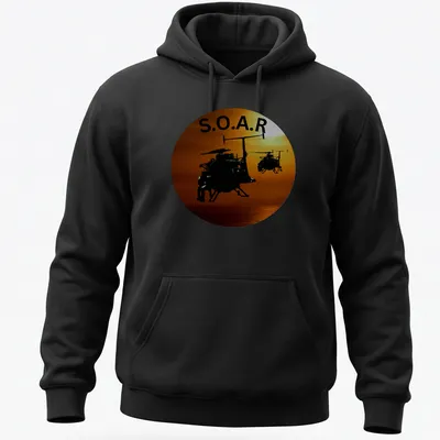Silhouette of helicopters flying in a sunset with the text S.O.A.R. — printed on a unisex hoodie