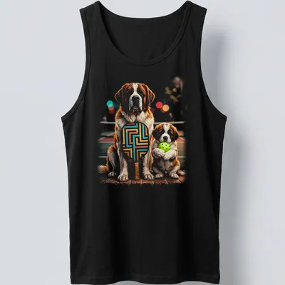 Realistic illustration of two Saint Bernard puppies holding pickleball paddles in brown and white — printed on a tank top