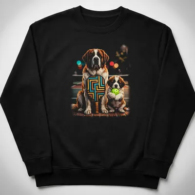 Realistic illustration of two Saint Bernard puppies holding pickleball paddles in brown and white — printed on a unisex sweatshirt