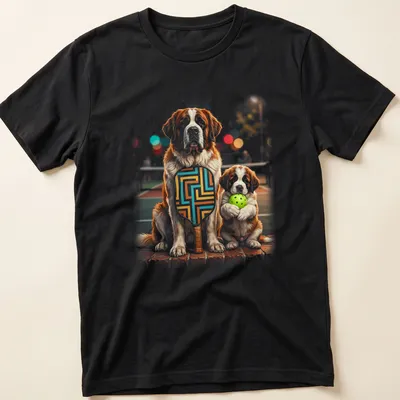Realistic illustration of two Saint Bernard puppies holding pickleball paddles in brown and white