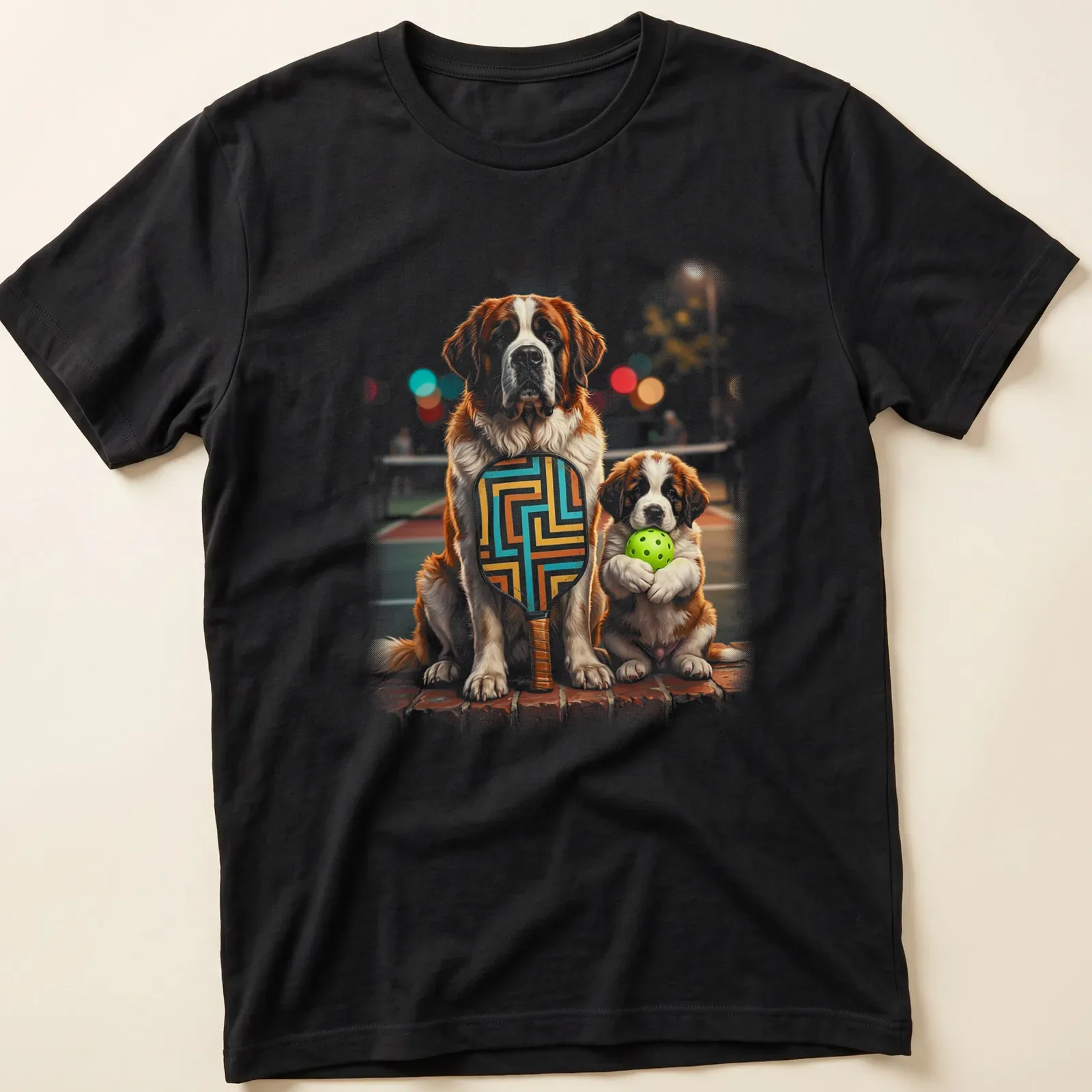 Realistic illustration of two Saint Bernard puppies holding pickleball paddles in brown and white — printed on a unisex t-shirt
