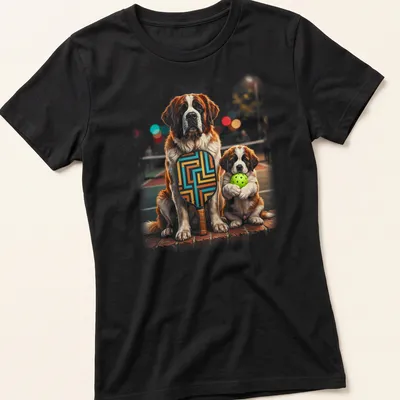Realistic illustration of two Saint Bernard puppies holding pickleball paddles in brown and white — printed on a women's shirt