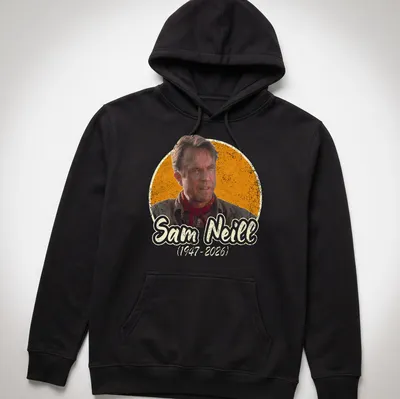 Vintage distressed tribute t-shirt honoring Sam Neill with printed text — printed on a unisex hoodie