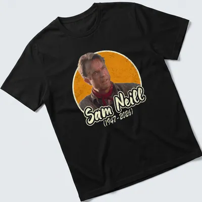 Vintage distressed tribute t-shirt honoring Sam Neill with printed text