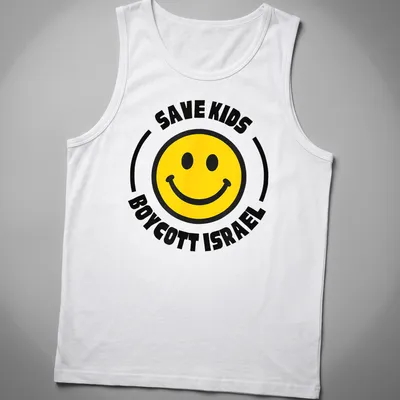 Bold graphic t-shirt with smiley face and activist text on it — printed on a tank top